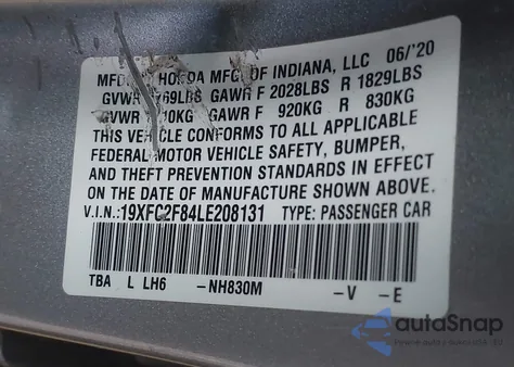 2020 Honda Civic Sport from USA, damaged, VIN 19XFC2F84LE208131